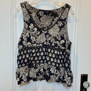 American Eagle Outfitters Navy and Cream Boho Babydoll V-Neck Tank Top - Size  L